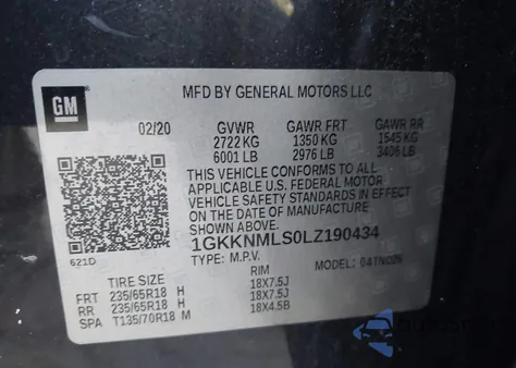 2020 GMC Acadia Fwd Slt z USA, uszkodzony, nr VIN 1GKKNMLS0LZ190434